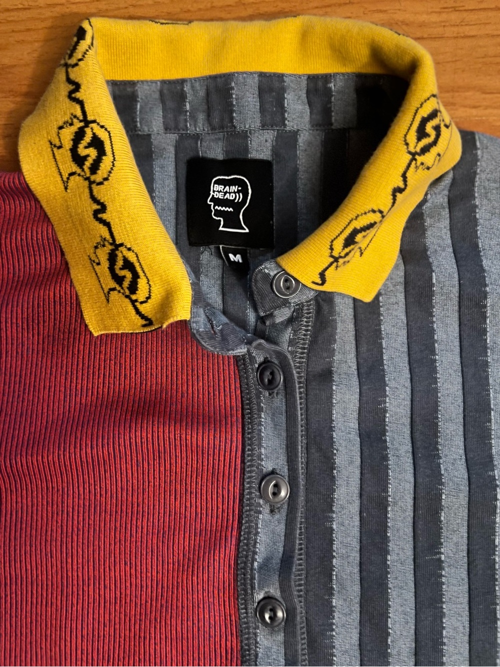 Brain Dead Two-Tone Striped Short Sleeve Polo in Red, Gray & Yellow Collar - Picture 5 of 5